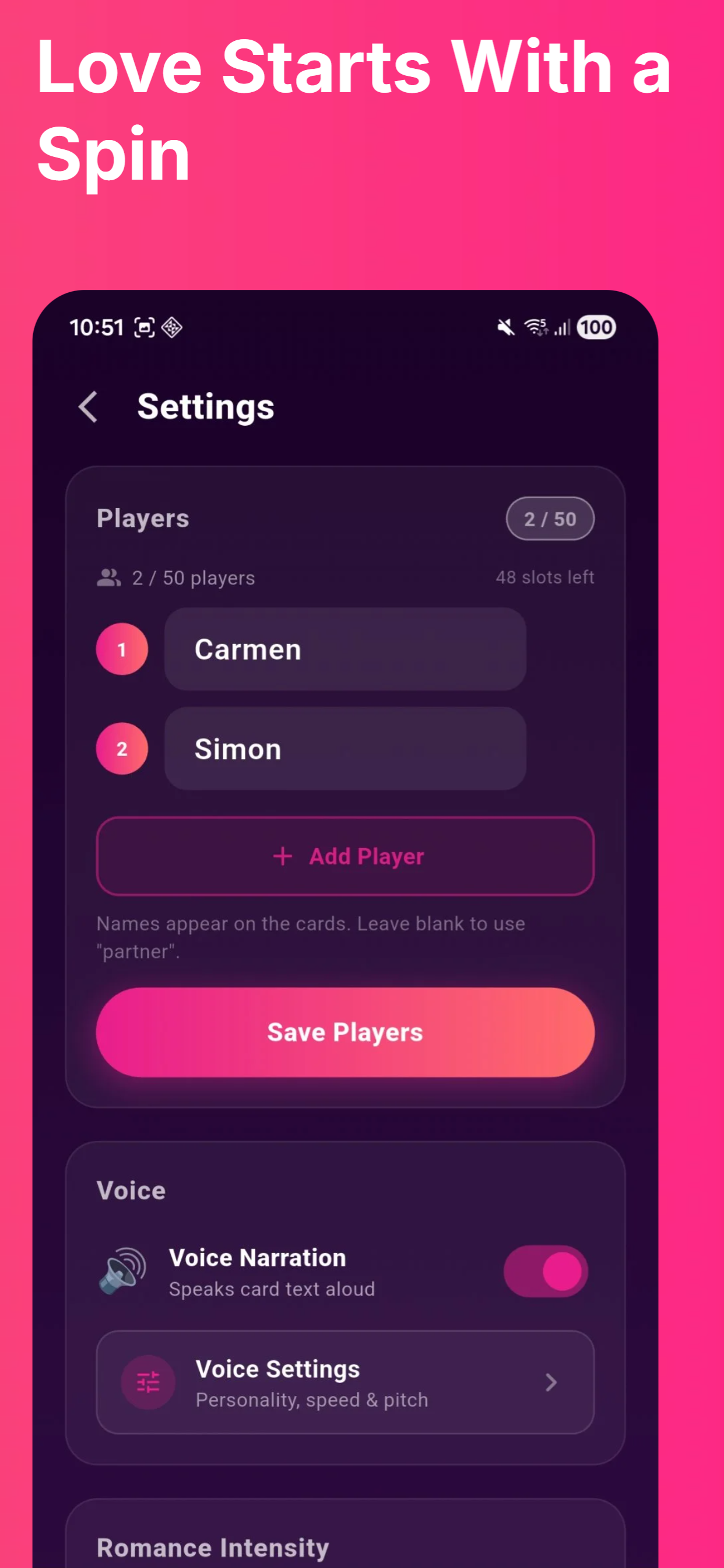 Romance Wheel settings showing voice narration toggle on and voice settings for personality speed and pitch