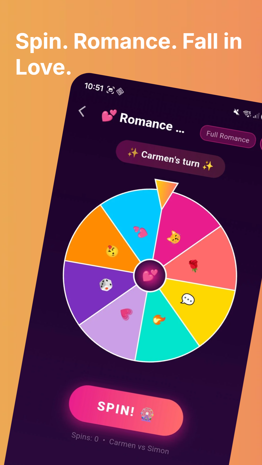 Romance Wheel spinning wheel screen showing colourful segments with emoji categories Carmen's turn