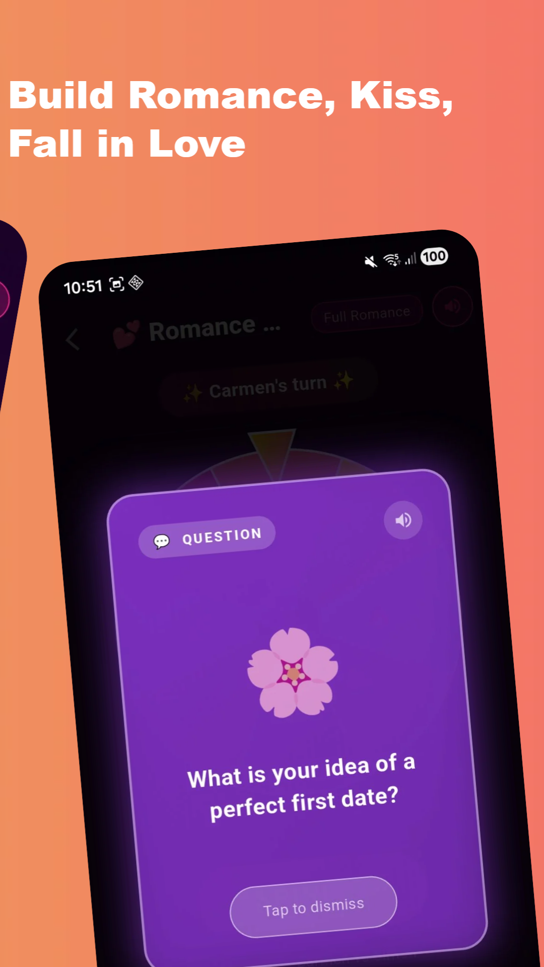 Purple question card asking what is your idea of a perfect first date