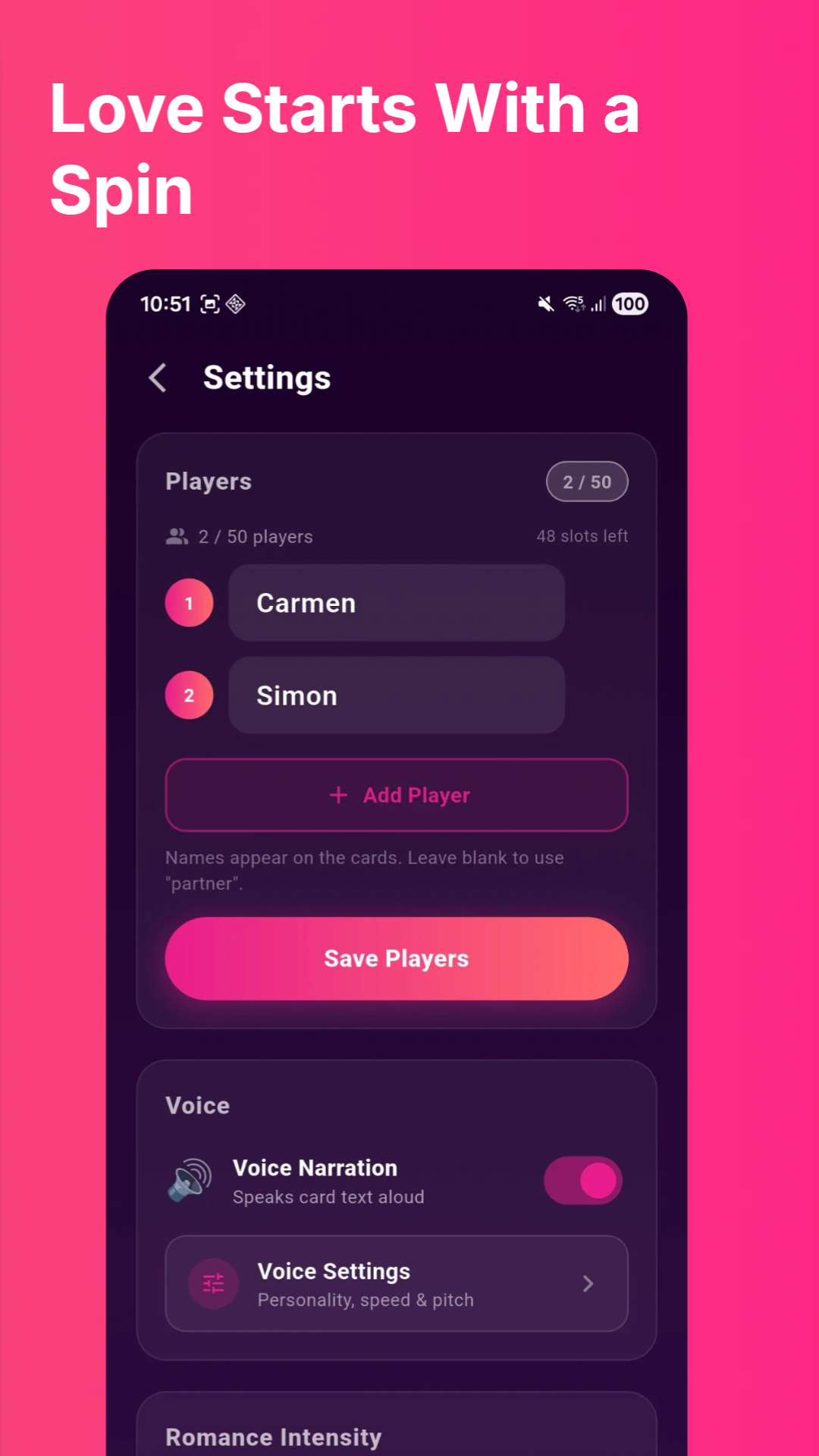 Romance Wheel settings screen showing player names Carmen and Simon with add player button and voice narration toggle
