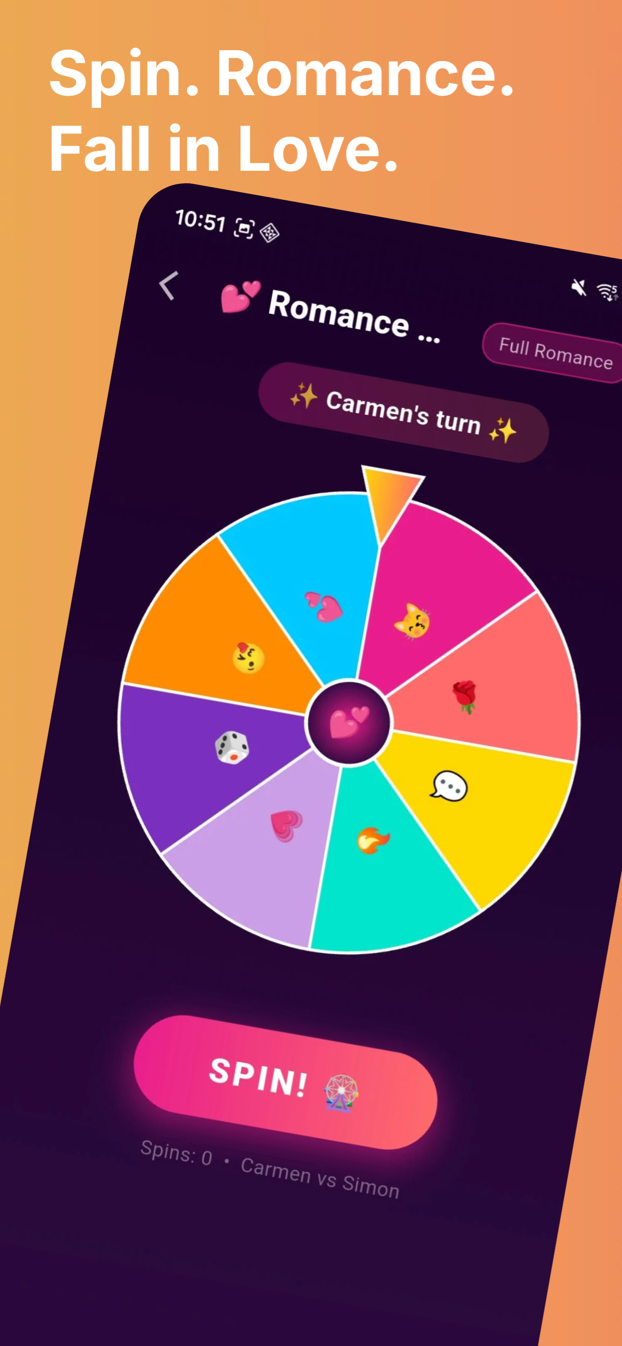 Romance Wheel home screen showing Spin the Wheel button with couple names Carmen and Simon